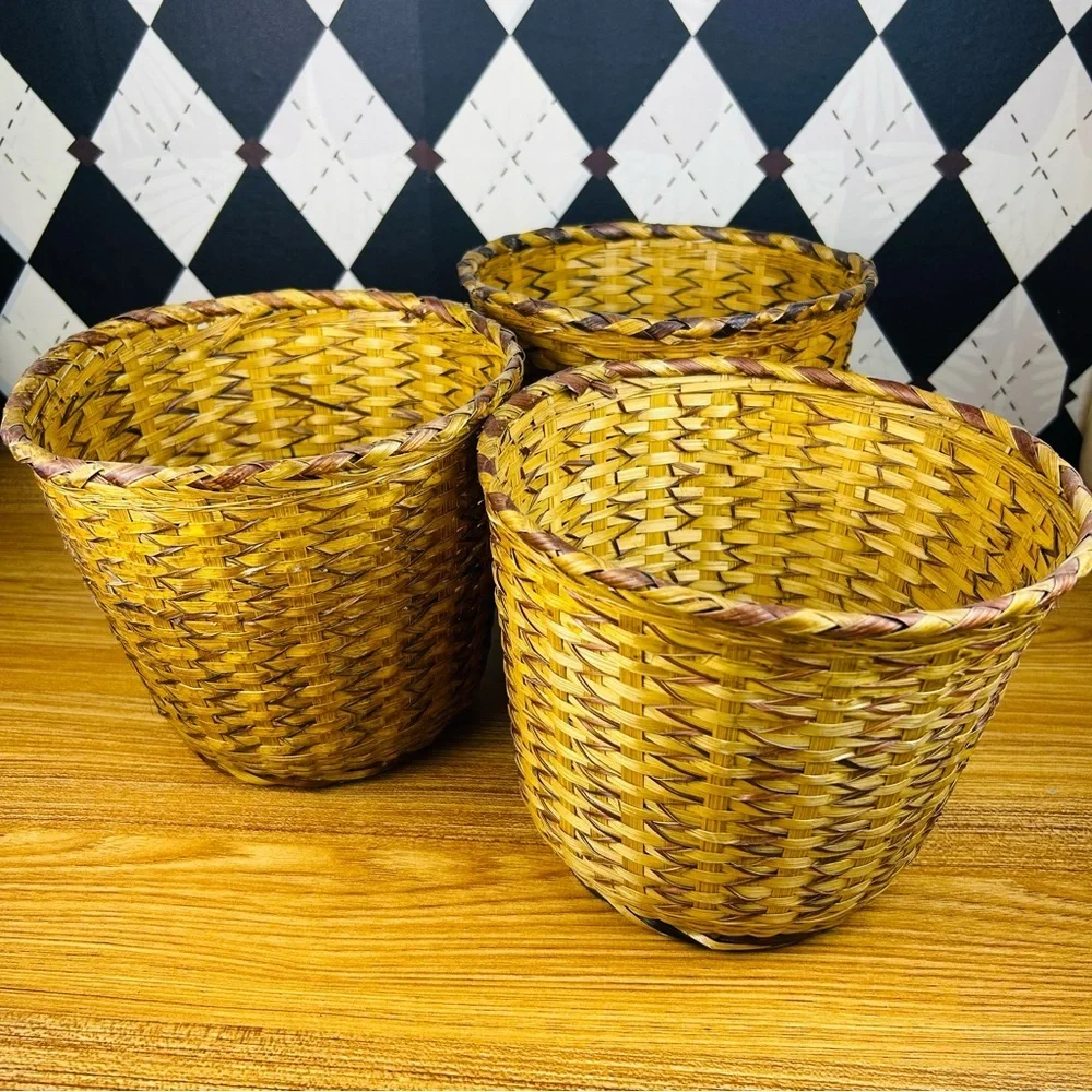 Vintage Woven Basket Set of 3 Primitive Natural‎ Reed Set Rustic Traditional